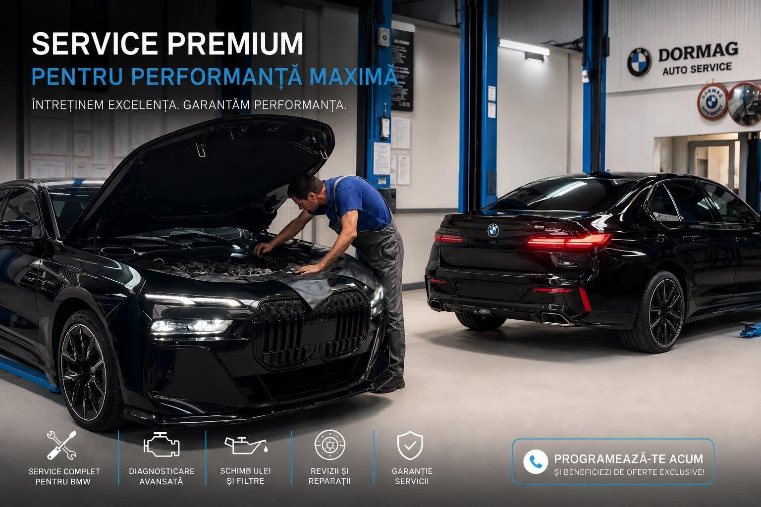 Atelier DORMAG · service auto specializat BMW, cu două BMW-uri și un mecanic la lucru